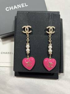 5E2118[ genuine article guarantee ] Chanel earrings swing Heart Stone here Mark Logo rhinestone Gold fake pearl C23P CHANEL
