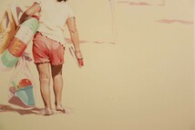 真作 笹倉鉄平 1997年シルクスクリーン「キャンディ」画 53×45cm 兵庫県出身 砂浜とカラフルなパラソル、子供の後ろ姿を暖色系で描く 7487_画像5