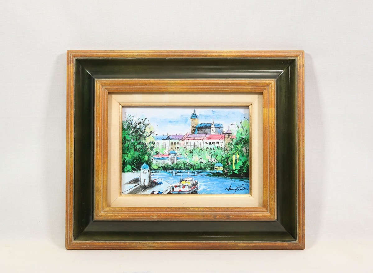 Auténtica pintura al óleo de Nancy Lee Paisaje de la ciudad del agua Pintura de Europa 23 x 16 cm SM Artista coreano representa poéticamente barcos turísticos en el muelle y el paisaje urbano histórico a lo largo del río 7440, cuadro, pintura al óleo, Naturaleza, Pintura de paisaje