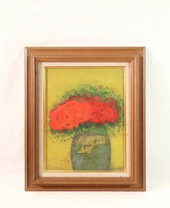 真作 堀田高 1978年渡仏後初期 油彩「花」画寸 32cm×41cm F6 京都府出身 一枚の繪作家 鮮やかな真紅の花びら、穏やか柔らかな印象 7516