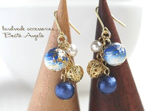 ◆+angelo+唐草ビーズとコットンパールのピアス(p-006)青 G 浴衣 夏 和風 夏 ブルー