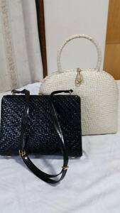  prompt decision 2 piece set * retro Italy made cane basket handbag Greta white navy blue shoulder bag 