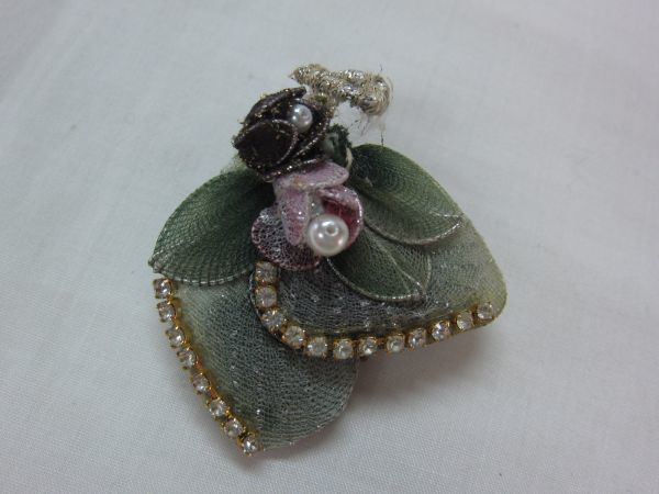 Handmade mesh cloth and rhinestone rose corsage brooch green unused item, brooch, artificial jewelry, Rhinestone, others