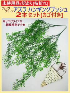 訳あり 未使用 フェイク グリーン アズラ ハンギング ブッシュ 緑 2本セット A カゴ付き 造花 観葉 植物 葉 吊り 下げ 壁 掛け 鉢 枝折れ