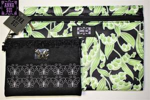 AS-せ　新品本物即決　ポーチ　2個セット　ANNA SUI　アナスイ　黒×緑　花柄ブラックバタフライ蝶々　ブランド　女性用ギフトプレゼント等