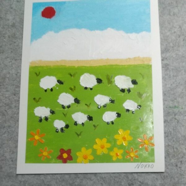 額なしオイルパステル画 大きな雲と羊たち 原画１点物 高品質紙を使用