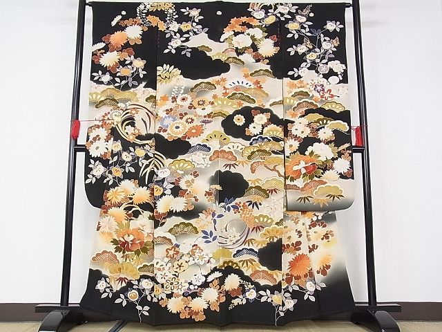 着物屋こころ□極上 アンティーク 大正ロマン 振袖 駒刺繍 飛鶴扇面花