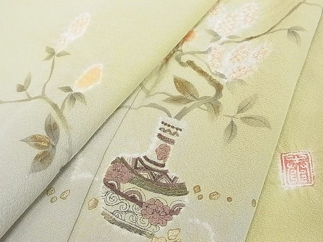 お得なセール 袋帯 逸品 落款 滝泰 桜 遠山 銀糸 絞り 灰紫 お太鼓柄