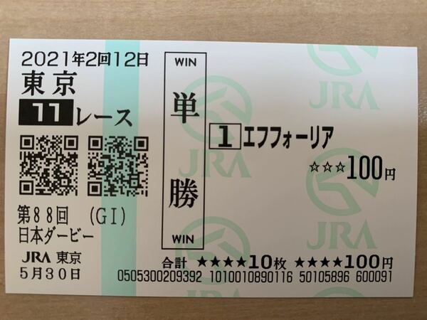 エフフォーリア　日本ダービー　2021年　単勝　現地馬券　JRA 競馬