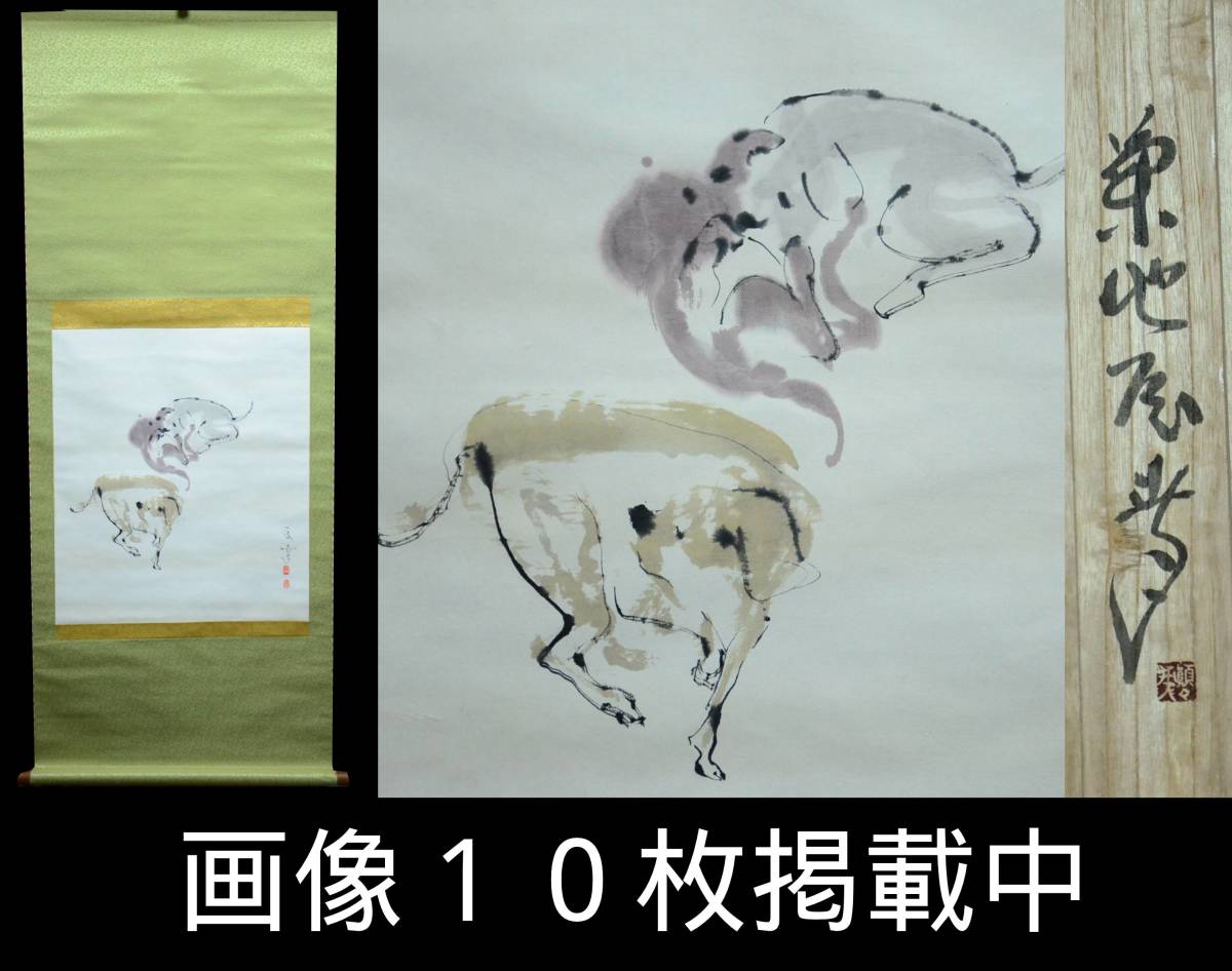 Tatsuyuki Kikuchi Dog Hanging scroll Japanese painting Paper 140cm x 57cm Box Authentic 10 images, Painting, Japanese painting, Flowers and Birds, Wildlife