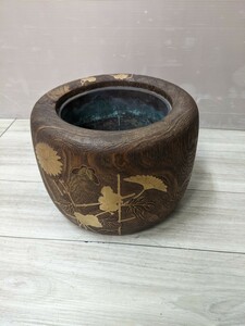 伝統工芸　工芸美術　 桐火鉢　火鉢　瓶掛　手焙火鉢 　金彩蒔絵螺鈿細工　銅落とし 　時代　古物　古美術　茶道具　花道具　煙草道具