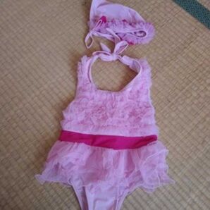 新品 女の子 110cm フリフリレース水着 帽子セット 海 プール リボン