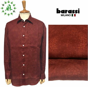 barassi バラシ　ボタニカル柄　麻100％ シャツ　ボルドー系ブラウン　size46　M　　夏まで快適　清涼素材