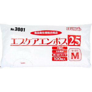 No.3001 エブケアエンボス25 食品衛生法適合 使い捨て手袋半透明 Mサイズ 袋入 100枚入