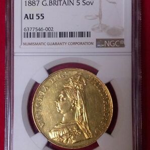 【動画有り】1887 イギリス 5ポンド金貨 ヴィクトリア女王・ジュビリー NGC AU55 英国 アンティークコイン 古銭の画像2