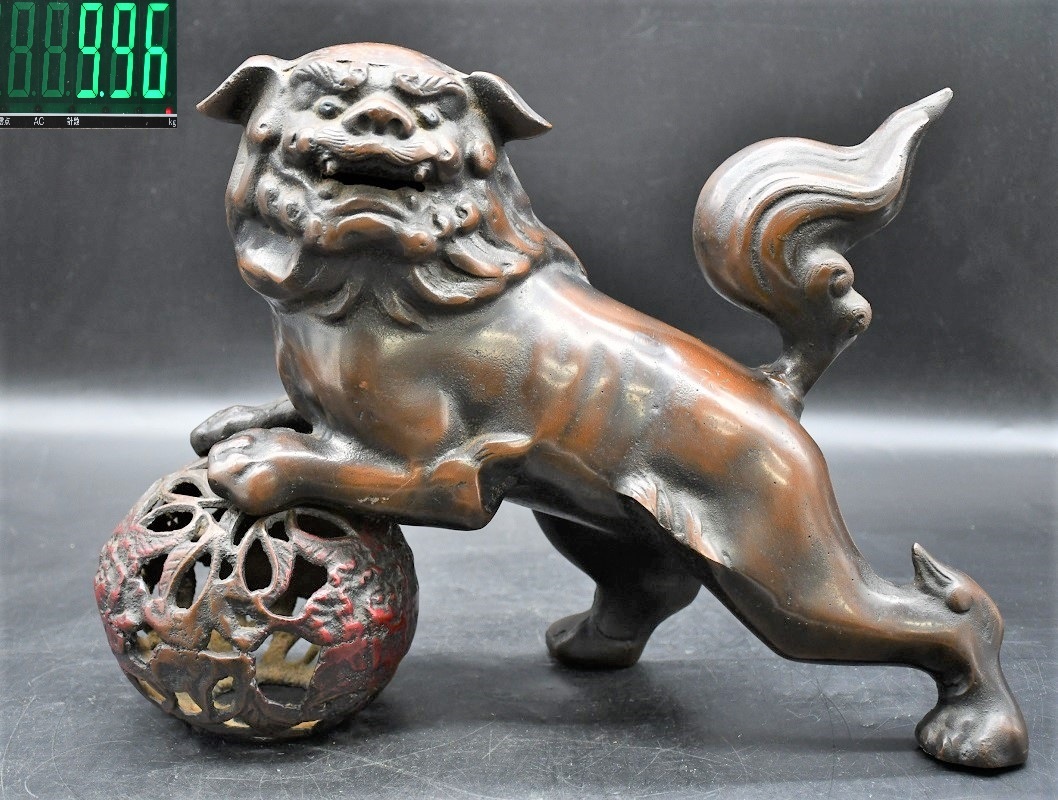 玉乗獅子 唐獅子 置物 幅35cm 重さ24cm 約6kg ブロンズ 金属工芸