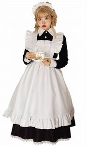 ◆新品◆メイド服 ゴスロリ ロングドレス 長袖 ワンピース レストランカフェ コスチューム コスプレ衣装 3点セット ブラック♪サイズS～XXL