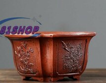 「81SHOP」 人気美品★紫砂 紫泥 盆栽鉢 植木鉢 角鉢 浮き彫り 紫泥絵 手作り ハンドメイド_画像2