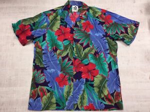 【送料無料】USA製 紙タグ Hilo Hattie ビンテージ vintage 90s スーベニア リゾート ハワイ hawaii 半袖アロハシャツ メンズ L 青系