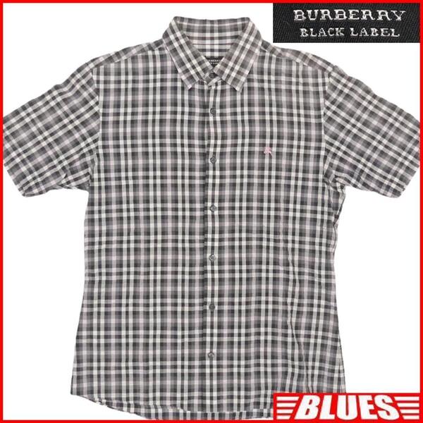 即決★BURBERRY BLACK LABEL★メンズM 廃版 チェック シャツ バーバリーブラックレーベル 2 黒 白 三陽商会正規 ナイト刺繍 半袖