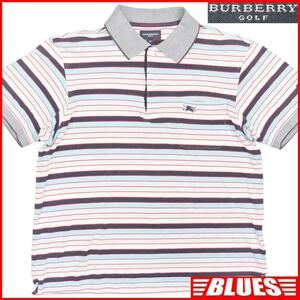 即決★日本製 BURBERRY GOLF★メンズM 廃版 ポロシャツ バーバリーゴルフ ボーダー ゴルフウエア 三陽商会正規 ナイト刺繍 半袖