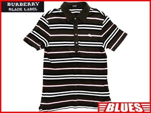 即決★BURBERRY BLACK LABEL★メンズM 廃盤 ポロシャツ バーバリーブラックレーベル 2 ボーダー 茶 ピンク 三陽商会正規 ナイト刺繍 半袖