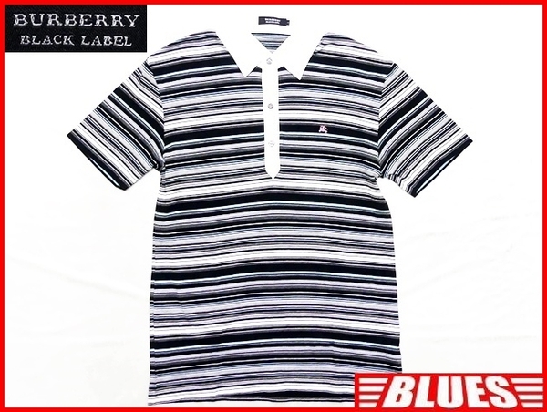 即決★BURBERRY BLACK LABEL★メンズM 廃版 ポロシャツ バーバリーブラックレーベル 2 黒 ブラック 三陽商会正規 ボーダー 半袖 ナイト刺繍