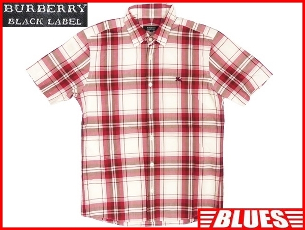 即決★BURBERRY BLACK LABEL★メンズM 廃版 チェック シャツ バーバリーブラックレーベル 2 赤 三陽商会正規 ナイト刺繍 半袖 ボタンダウン