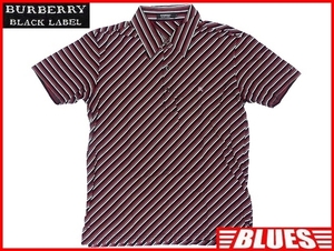 即決★BURBERRY BLACK LABEL★メンズM 廃版 ポロシャツ バーバリーブラックレーベル 2 黒 赤 三陽商会正規 ナイト刺繍 半袖 ストライプ