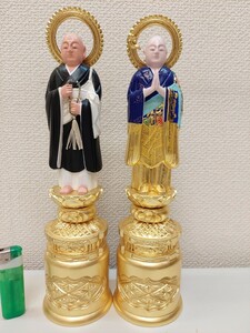 浄土宗　両大師　木製　京型　彩色　四寸五分　総丈約３２センチ　善導　法然　仏壇　お内仏　脇仏　本金　アウトレット　デッドストック