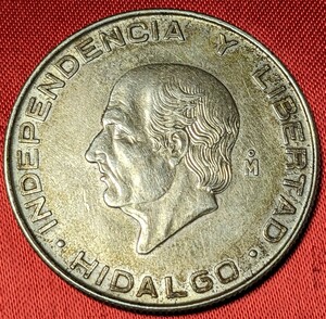 メキシコ　5ペソ銀貨　1956年　18.00g　メキシコ独立の父イダルゴ　【プルーフ・発行枚数不明・イエロートーン】　　玉ちゃんNo.2139