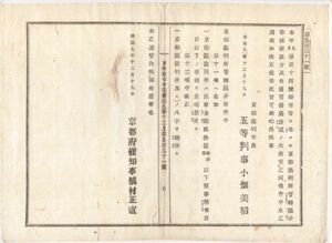 N23042137〇京都府布達明治9年〇京都裁判所管轄区分条件中追加 区裁判所は民事金額20万円以下刑事懲役百日以下を裁決 京都裁判所長小畑美稲