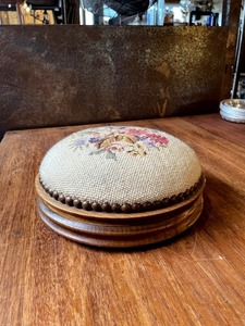  England antique embroidery . beautiful tack strike . round foot stool / footrest pair to place on foot rest 