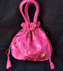 刺繍 サテン ミニ 巾着 バッグ スパンコール ピンク/2way トートバッグ ミニバッグ 巾着バッグ サテンバッグ 中国 チャイナ 刺しゅう
