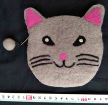 羊毛フェルト 猫 ポーチ グレー/コインケース 小銭入れ コスメポーチ ねこ ネコ ハンドメイド 手作り フエルト 羊毛 フェルト_画像3