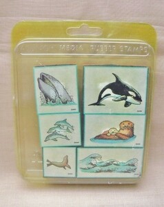 送料込 6個セット 海の生物 ラバースタンプ ラッコ シャチ イルカ クジラ アザラシ 波/はんこ ハンコ 印 スタンプ オットセイ 海洋生物