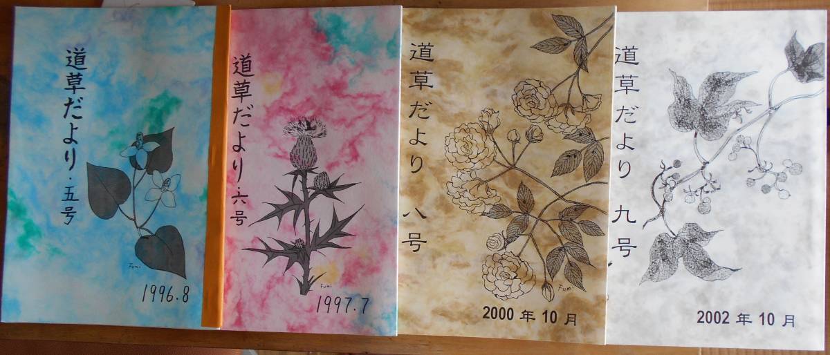 ひがし･ふみ 私家版イラストエッセイ誌｢道草だより｣(五号･六号･八号･九号)+植物詩画展案内絵ハガキ4枚+植物詩画絵ハガキ20枚, 絵画, 画集, 作品集, その他