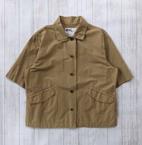 MHL./エムエイチエル/マーガレットハウエル/LIGHT COTTON LINEN POPLIN/斜めフラップポケット/ジャケット調半袖シャツ/ゆったりシルエット