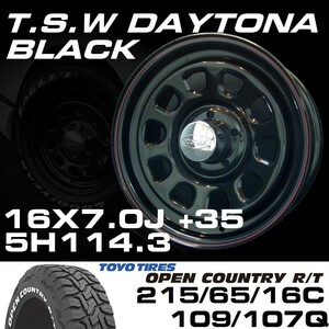 TSW DAYTONA ブラック 16X7J+35 5穴114.3 TOYO OPEN COUNTRY ホワイトレター 215/65R16C　ハイエース100系や152系ハイラックスなどに！