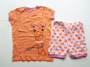 新品 pekkle ペックル★上質コットン　上下セットアップ 半袖Tシャツ　ショートパンツ　キリン　オレンジ×ピンク 12…150