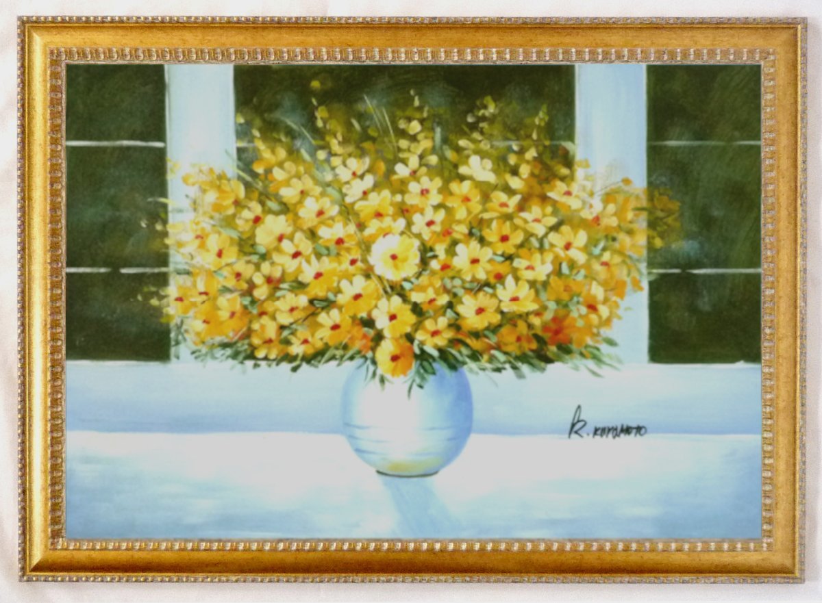 Pintura al óleo, pintura de estilo occidental, cuadro pintado a mano (con marco) - M20 Flores amarillas junto a la ventana-1, Cuadro, Pintura al óleo, Naturaleza muerta
