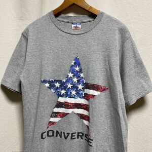 オールド　アメリカ製　コンバース　プリントTシャツ　古着　90s ヴィンテージ　半袖Tシャツ　CONVERSE スター　星条旗　杢グレー