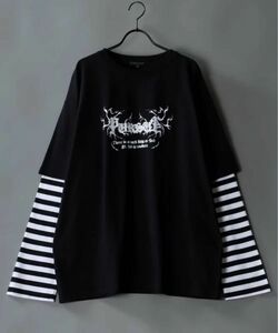 SITRY ボーダースリーブ フェイクレイヤード ロゴ 長袖Tシャツ