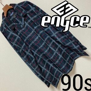 90s■enyce エニーチェ■ビッグサイズ オープンカラー シャツ XXL ネイビー 白 赤 ウインドペン ロゴプリント 長袖 HIPHOP Vintage 美品