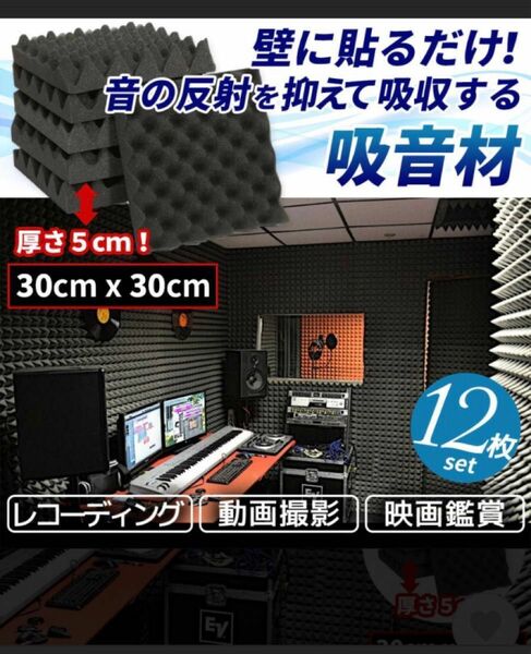 未使用厚さ5cm 30x30x5cm 吸音材12枚セット スタジオ DTM カラオケ 騒音対策 DIY 吸音マットその2 黒