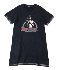 HYSTERIC GLAMOUR ヒステリックグラマー ガールプリント 半袖スウェット ワンピース トレーナー ブラック ポケット付き レディース F (ma)