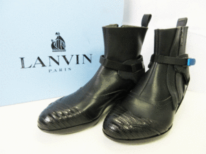 (D) 未使用 LANVIN ランバン サイドジップ ブーツ 6 ブラック カーフスキン リザードレザー