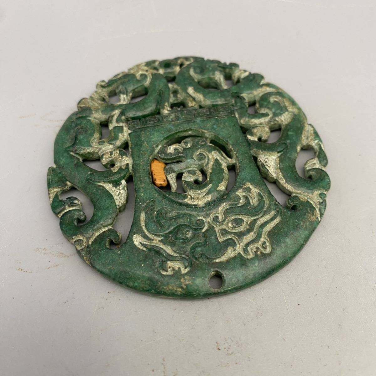 中国 唐物 砡 時代物 古玉 漢代龍紋玉飾-