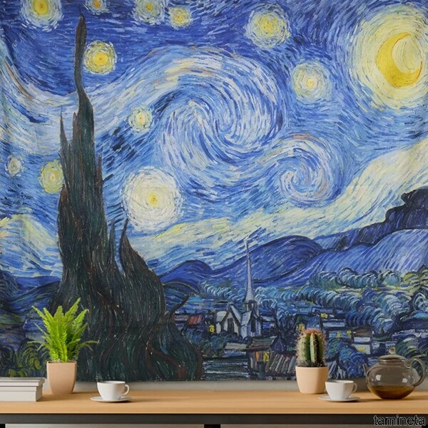 ゴッホタペストリー 100㎝×75㎝ インテリア 家具 星月夜 世界の名画 壁掛け アート ポリエステル 洗濯機OK フック 飾るだけで模様替え