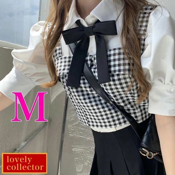韓国ファッション ミドル袖プレッピーシャツ&ベストセット 春夏 M